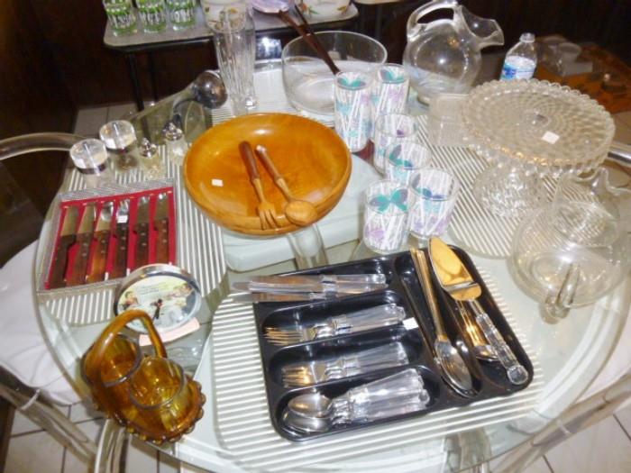 Lots of fun Lucite Mid-Century Modern Kitchenware (Flatware, Salt and Peppers, Wood Salad Set, ect.