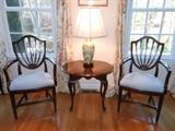 Matching pair of shield back chairs and Ethan Allen table.