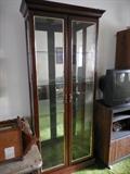 Vintage Tall Lighted Curio Cabinet. Double Doors. Glass Shelves. Mirror Back
