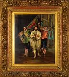 Adlophe Alexander Lesrel oil painting on board depicting Cavalier with standard Bearer and Trumpeter.