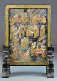 16. A FINE CHINESE CARVED AND PAINTED INKSTONE AND STAND.
