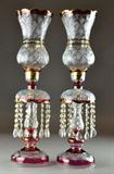 42. VICTORIAN CRANBERRY CUT CLASS LUSTERS WITH ORIGINAL SHADES.