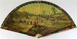 58. 18TH CENTURY VERNIS MARTIN FAN WITH IVORY STICKS.
