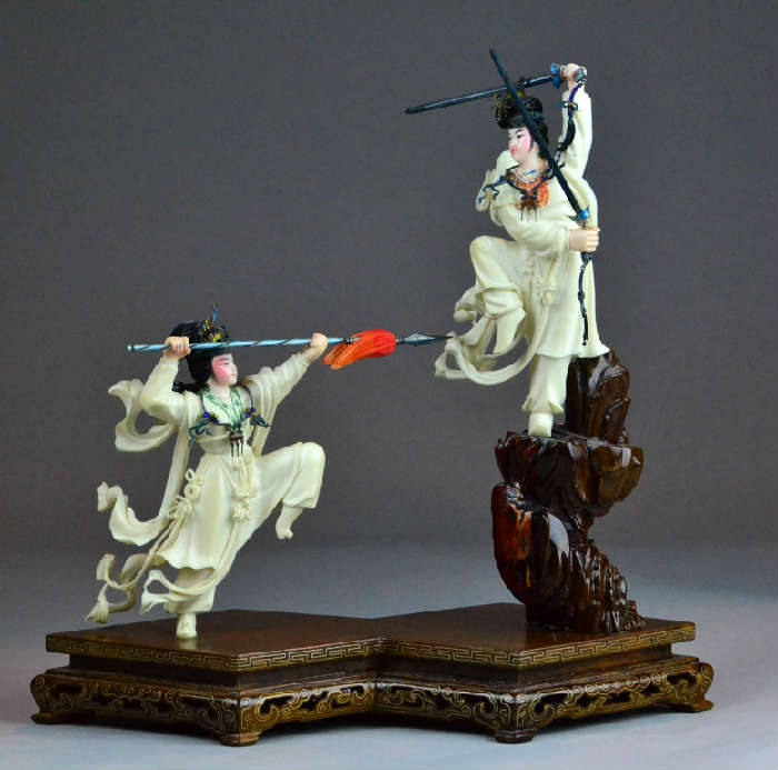 2.	Chinese Polychrome Painted Ivory Warriors On Stand