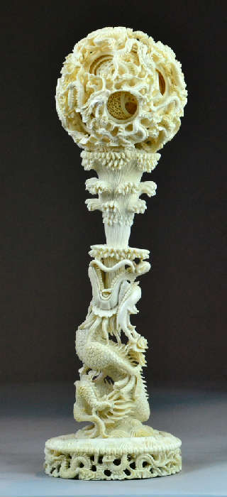 1.	Monumental Chinese Carved Ivory Puzzle Ball on Stand