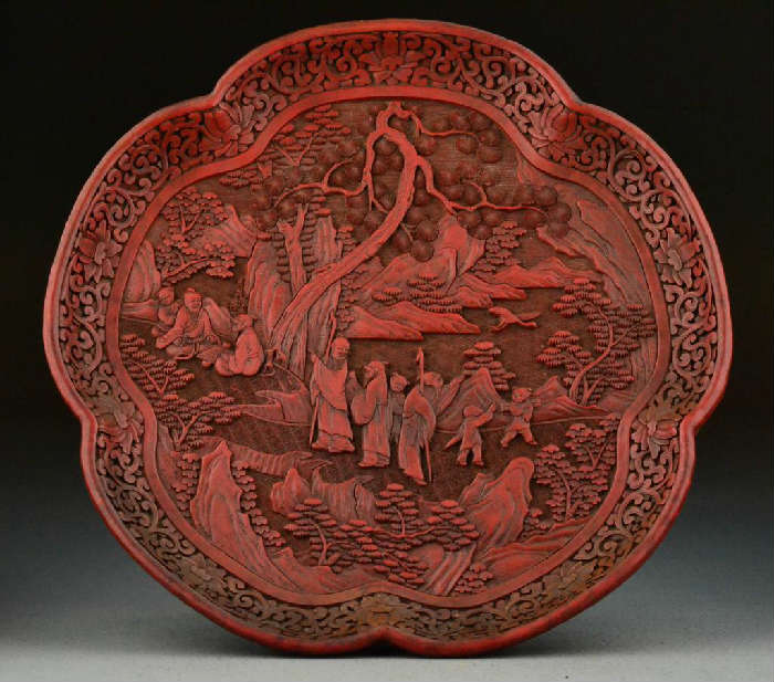 32.	Chinese Qing Carved Cinnabar Lotus Plate