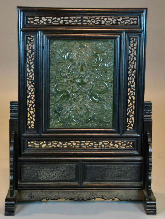 47.	Fine & Large Chinese Spinach Jade Plaque And Stand