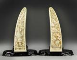 25. Pair Japanese Meiji Carved Ivory Tusk With Stands