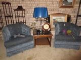 Pair of Ethan Allen, blue upholstered chairs, Gucci clock and 1980's Gucci mug