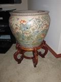Large Oriental fish bowl and stand
