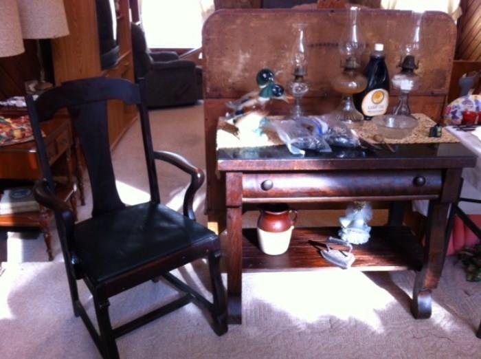 Empire Style Library Table.  Old Chair.  Oil Lamps, etc.