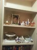 Large selection of collectible porcelain and glass baskets