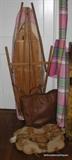 Old wooden Ironing Board, leather Tote