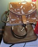 Hand carved vintage leather handbag and a newer fossil