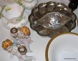 Mercury Glass Dish, Porcelain figurines, Shelley primrose, and old glass xmas piece