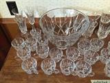 Lismore Waterford Crystal Collection containing Punch Bowl with 20 cups, 10 each 8-1/2" Dessert or Salad Plates, Three Champagne Glasses, Four Each Red & White Wine Glasses