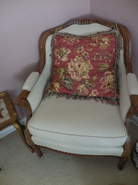 Custom Made, Walnut Hand Carved Frame.Linen Fabric Arm Chair (2)