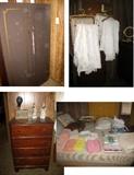 Chenille spreads and metal cabinet, few linens