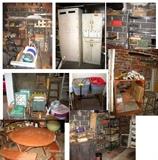 Various lawn chairs, patio set, shelves, metal cabinets, tons of paint brushes