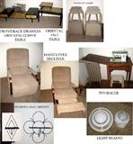 Oriental coffee and end tables, metal 50's shelves etc