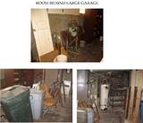 Floor fan, trash cans, sawhorses, wood doors