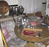 Round table with (1) leaf (2) rolling chairs - Chrome coffee pots.  Copper lined heated