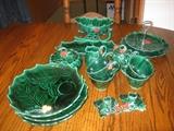 Lefton vintage holly-themed luncheon set, candy dishes, cream & sugar, and candle holders