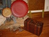 Old wood planes, the wooden plates and vintage luggage