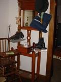 Hall tree, with vintage ice skates, baby high chair