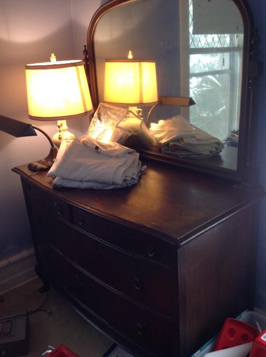 Antique dresser with mirror, antique lamps