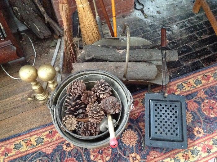 Fireplace tools, brass andirons