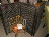 Victorian wood screen, spindle chair with rush seat