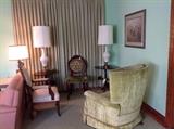 Eastlake white brocade chair, green velvet parlor chair, green velour rocker.
