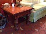 The set of three tables (coffee, two end tables), are heavy solid pine with turned spool legs.  They are just beautiful!