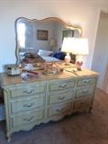 Dresser with mirror, also matching tallboy, two twin headboards, pair side tables