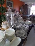 Glass decanters, cake display dish, and various other items