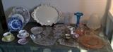 Transferware dishes, cups & saucers (one Shelley), cut crystal, pink Depression glass, adorable childrens' dishes, blue Murano glass vase, Dorothy Thorpe glass bud vase (with label), frosted lamp globe