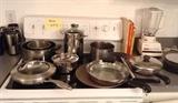 Pots & pans, Oster blender & cookbooks