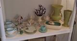 Cups & saucers, assorted tchotchkes incl. German swan with cherub, chartreuse vases by Abingdon & Shawnee & more!