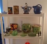 Vintage tins, fun "butler" teapot, Fire King jadite coffee cup, colorful vintage biscuit jars & butter keeper & more