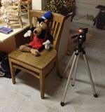 Vintage oak chair with Disney mascot & camera tripod