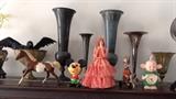 A few toys including Breyer horses, Mattel talking Mickey Mouse, vintage flamenco dancer doll, tin litho duck on bicycle (not old) & funny clock
