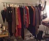 Rack #2 of clothes - we do have some vintage pieces incl. dresses, satin robes, colorful Cowichan-style sweater, plus mens jackets & coats incl. suede jacket by McGregor & more. Not shown: great purses by Hobo International & vintage umbrellas, scarves & hankies.