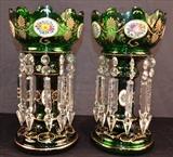 4  - Matched pair of green Victorian lusters with great paint, 12 in. T, 7 in. D.