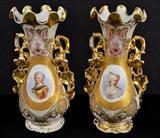 6  - Matched pair of old Paris portrait vases with gold enamel, 17 in. T, 10 in. W.