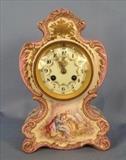 7  - Porcelain English clock with painted courting scene, 12 in. T, 8 in. W, 4 in.