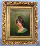 10  - Small dresser lamp with satin glass blue shade and gold base, 15 in. T.