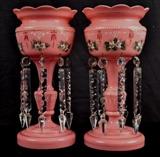 28  - Matched pair of Victorian pink case glass lusters with extra paint, 14 in. T, 6 in. D.