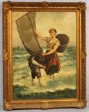 76  - Oil on canvas of boy and woman holding sail in ocean, signed, F. Geraret in gold frame, 37 x 47