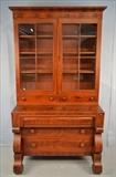 96  - Period Empire mahogany 2 piece secretary, scroll feet, individual pane glass doors with damage, 81 in. T, 44 in. W, 22 in. D.